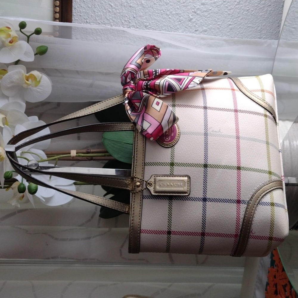 Coach plaid tattersall small plaid tote bag!!